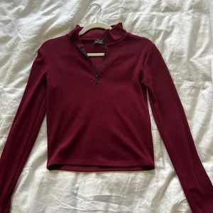 Bershka Half Zip Long Sleeve in Burgandy